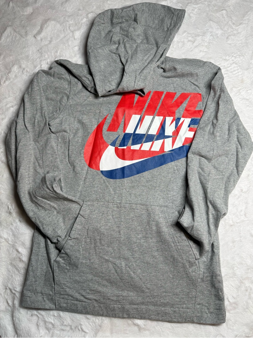 Nike Boys Gray Hooded Jersey with Red White and Blue Logo